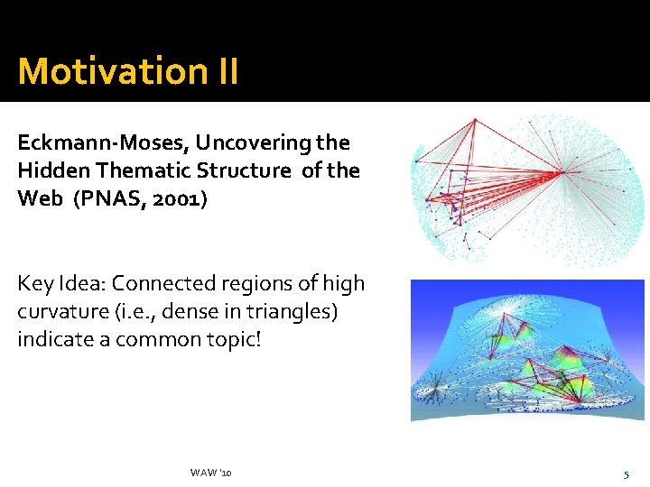 Motivation II Eckmann-Moses, Uncovering the Hidden Thematic Structure of the Web (PNAS, 2001) Key