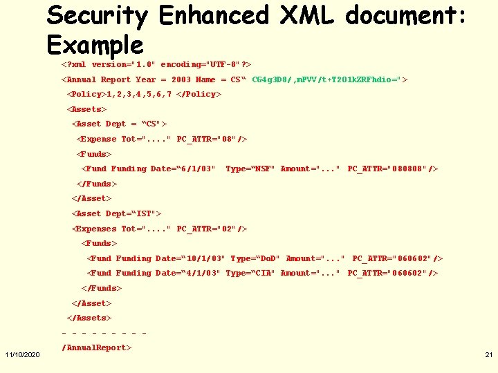 Security Enhanced XML document: Example <? xml version="1. 0" encoding="UTF-8"? > <Annual Report Year