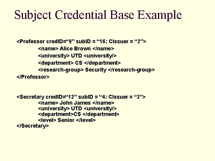 Subject Credential Base Example <Professor cred. ID=“ 9” sub. ID = “ 16: CIssuer