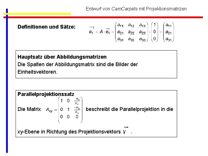 Entwurf von Cam. Carpets mit Projektionsmatrizen Definitionen und Sätze: Hauptsatz über Abbildungsmatrizen Die Spalten