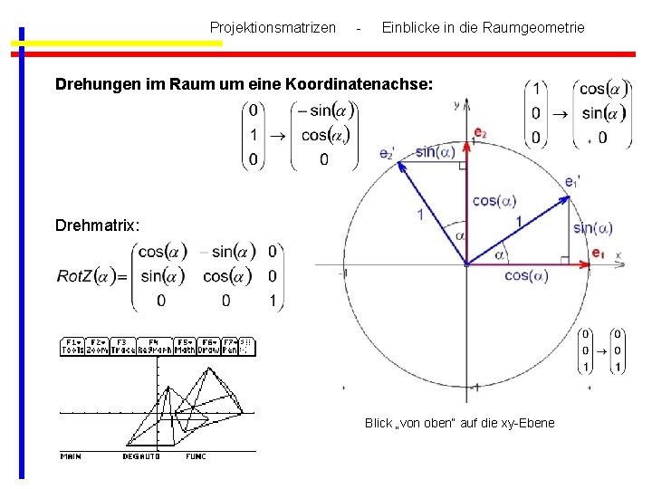 Projektionsmatrizen - Einblicke in die Raumgeometrie Drehungen im Raum um eine Koordinatenachse: Drehmatrix: Blick