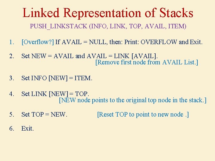 Linked Representation of Stacks PUSH_LINKSTACK (INFO, LINK, TOP, AVAIL, ITEM) 1. [Overflow? ] If