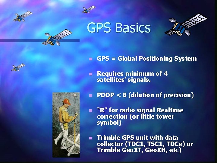 GPS Basics n GPS = Global Positioning System n Requires minimum of 4 satellites’