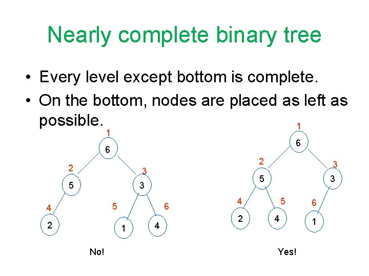 Nearly complete binary tree • Every level except bottom is complete. • On the