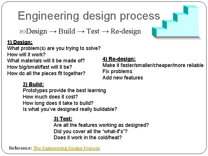 Engineering design process Design → Build → Test → Re-design 1) Design: What problem(s)
