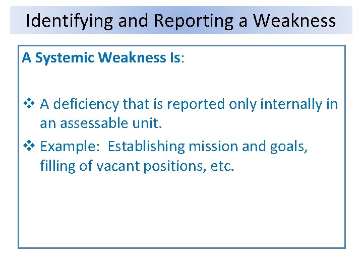 Identifying and Reporting a Weakness A Systemic Weakness Is: v A deficiency that is