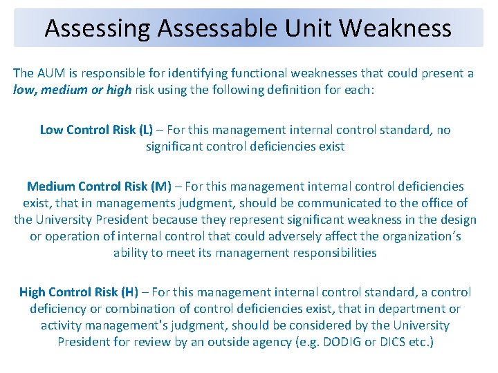 Assessing Assessable Unit Weakness The AUM is responsible for identifying functional weaknesses that could