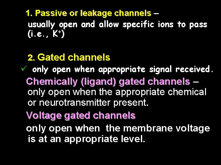 1. Passive or leakage channels – usually open and allow specific ions to pass