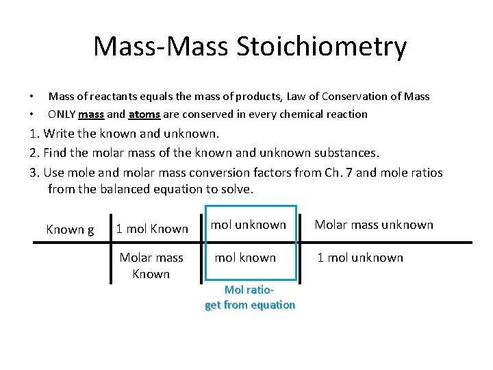 Mass-Mass Stoichiometry • • Mass of reactants equals the mass of products, Law of