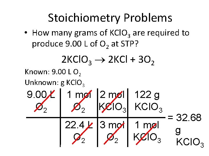 Stoichiometry Problems • How many grams of KCl. O 3 are required to produce