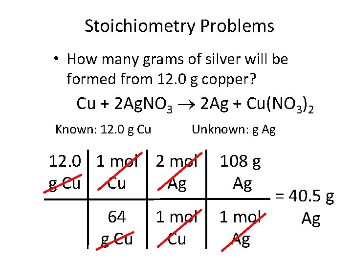 Stoichiometry Problems • How many grams of silver will be formed from 12. 0