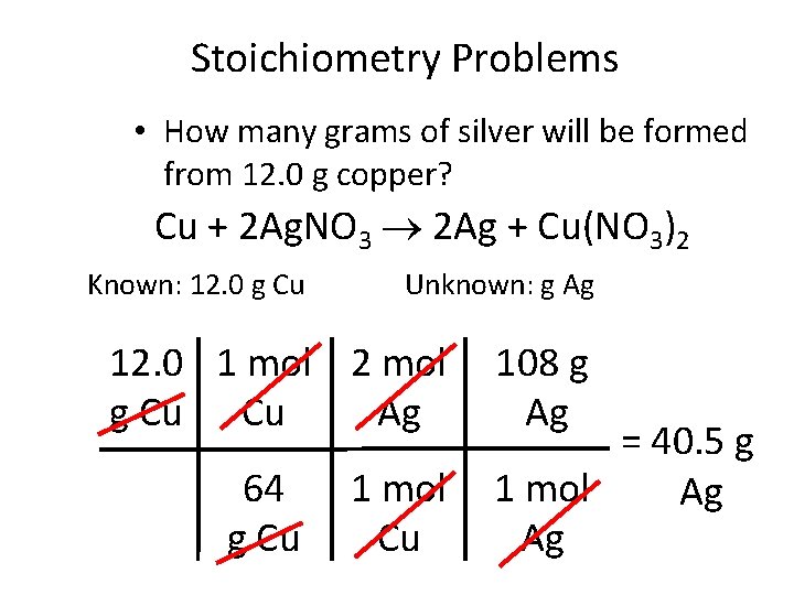 Stoichiometry Problems • How many grams of silver will be formed from 12. 0 Stoichiometry Problems • How many grams of silver will be formed from 12. 0
