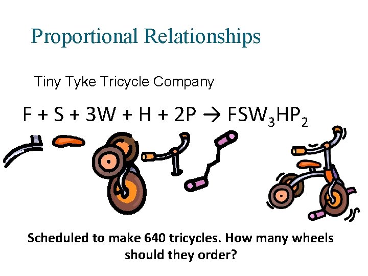 Proportional Relationships Tiny Tyke Tricycle Company F + S + 3 W + H Proportional Relationships Tiny Tyke Tricycle Company F + S + 3 W + H