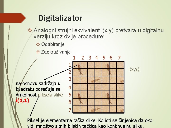 Digitalizator Analogni strujni ekvivalent i(x, y) pretvara u digitalnu verziju kroz dvije procedure: Odabiranje Digitalizator Analogni strujni ekvivalent i(x, y) pretvara u digitalnu verziju kroz dvije procedure: Odabiranje