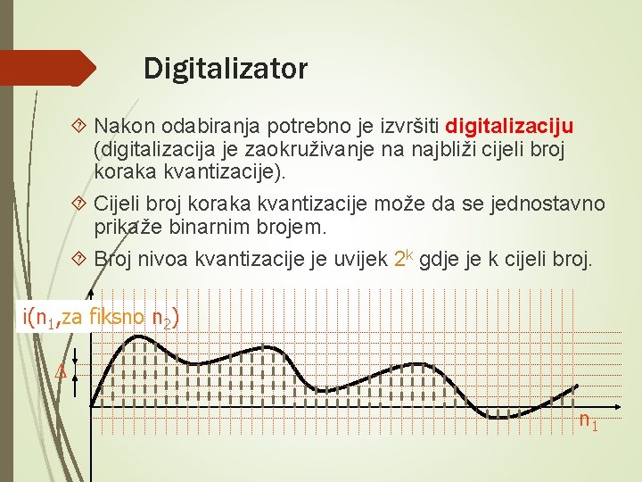 Digitalizator Nakon odabiranja potrebno je izvršiti digitalizaciju (digitalizacija je zaokruživanje na najbliži cijeli broj Digitalizator Nakon odabiranja potrebno je izvršiti digitalizaciju (digitalizacija je zaokruživanje na najbliži cijeli broj