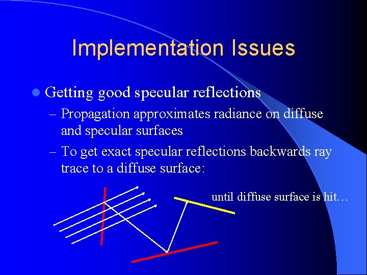 Implementation Issues l Getting good specular reflections – Propagation approximates radiance on diffuse and