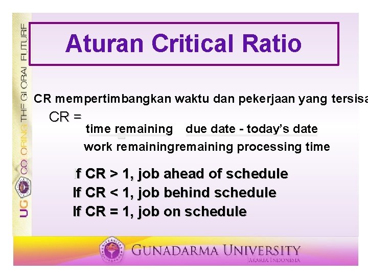 Aturan Critical Ratio CR mempertimbangkan waktu dan pekerjaan yang tersisa CR = time remaining