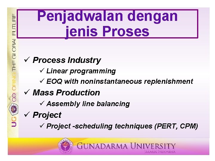 Penjadwalan dengan jenis Proses ü Process Industry ü Linear programming ü EOQ with noninstantaneous