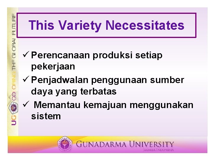 This Variety Necessitates ü Perencanaan produksi setiap pekerjaan ü Penjadwalan penggunaan sumber daya yang