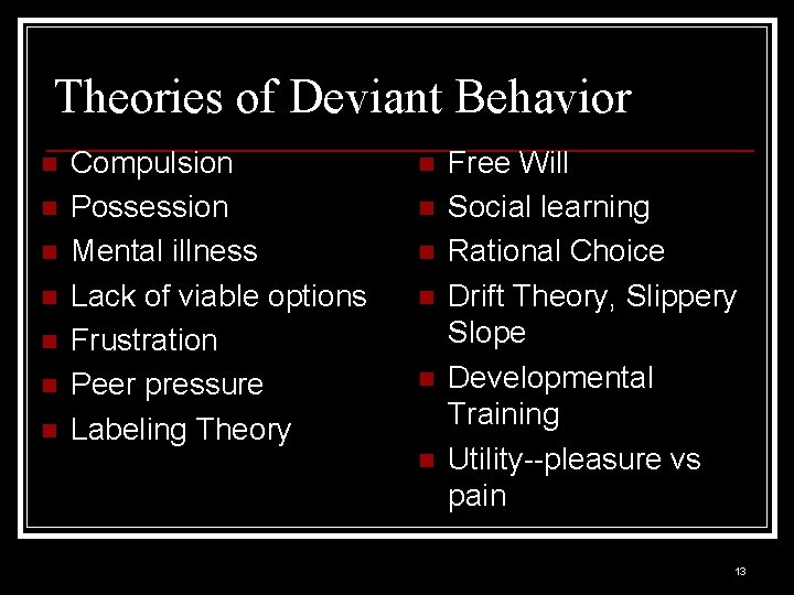 Theories of Deviant Behavior n n n n Compulsion Possession Mental illness Lack of