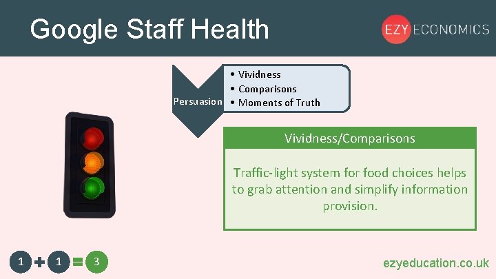 Google Staff Health • Vividness • Comparisons Persuasion • Moments of Truth Vividness/Comparisons Traffic-light