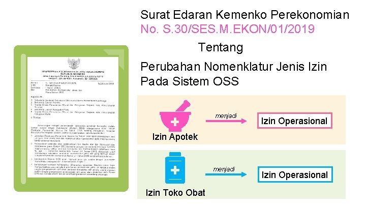 Surat Edaran Kemenko Perekonomian No. S. 30/SES. M. EKON/01/2019 Tentang Perubahan Nomenklatur Jenis Izin Surat Edaran Kemenko Perekonomian No. S. 30/SES. M. EKON/01/2019 Tentang Perubahan Nomenklatur Jenis Izin