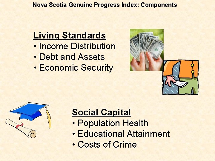 Nova Scotia Genuine Progress Index: Components Living Standards • Income Distribution • Debt and
