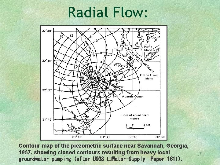 Radial Flow: Contour map of the piezometric surface near Savannah, Georgia, 1957, showing closed