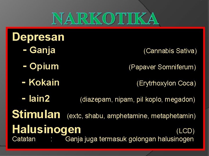 NARKOTIKA Depresan - Ganja (Cannabis Sativa) - Opium (Papaver Somniferum) - Kokain (Erytrhoxylon Coca)