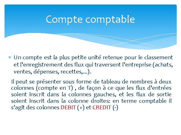 Compte comptable Un compte est la plus petite unité retenue pour le classement et