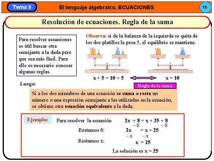 Tema 8 El lenguaje algebraico. ECUACIONES 10 Resolución de ecuaciones. Regla de la suma