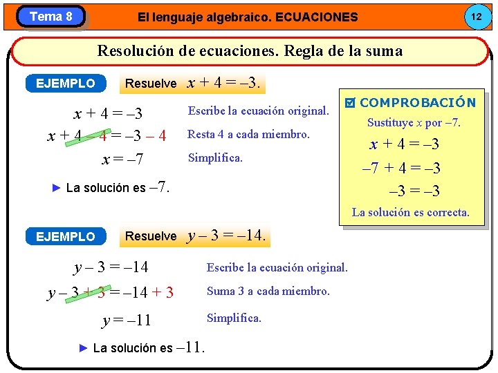 Tema 8 El lenguaje algebraico. ECUACIONES 12 Resolución de ecuaciones. Regla de la suma