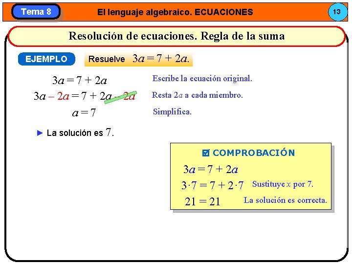 Tema 8 El lenguaje algebraico. ECUACIONES Resolución de ecuaciones. Regla de la suma EJEMPLO