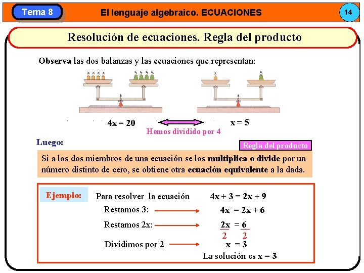 Tema 8 El lenguaje algebraico. ECUACIONES Resolución de ecuaciones. Regla del producto Observa las