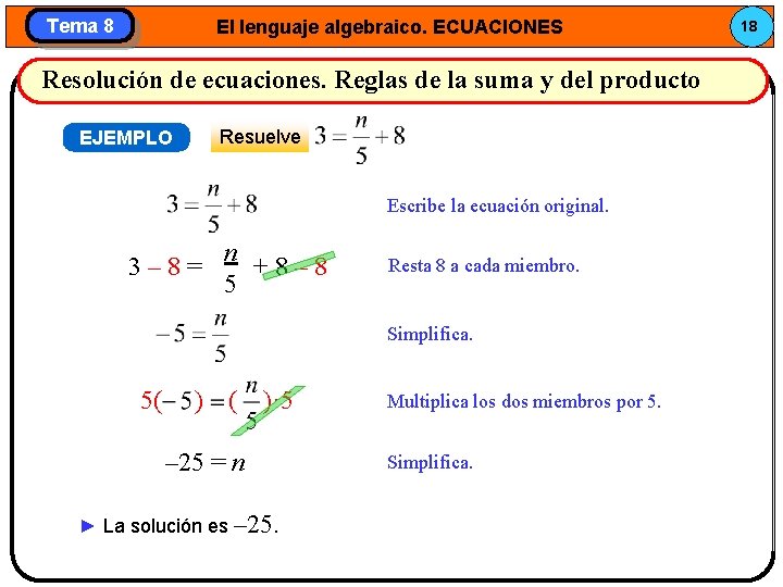 Tema 8 El lenguaje algebraico. ECUACIONES Resolución de ecuaciones. Reglas de la suma y