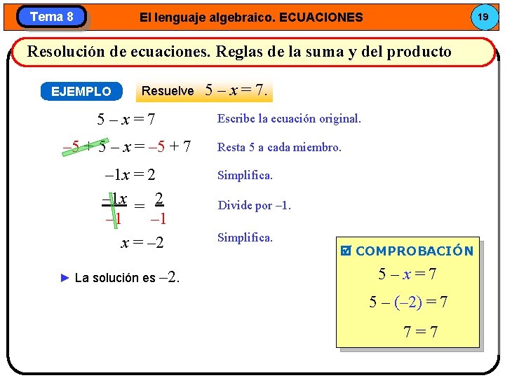Tema 8 El lenguaje algebraico. ECUACIONES 19 Resolución de ecuaciones. Reglas de la suma