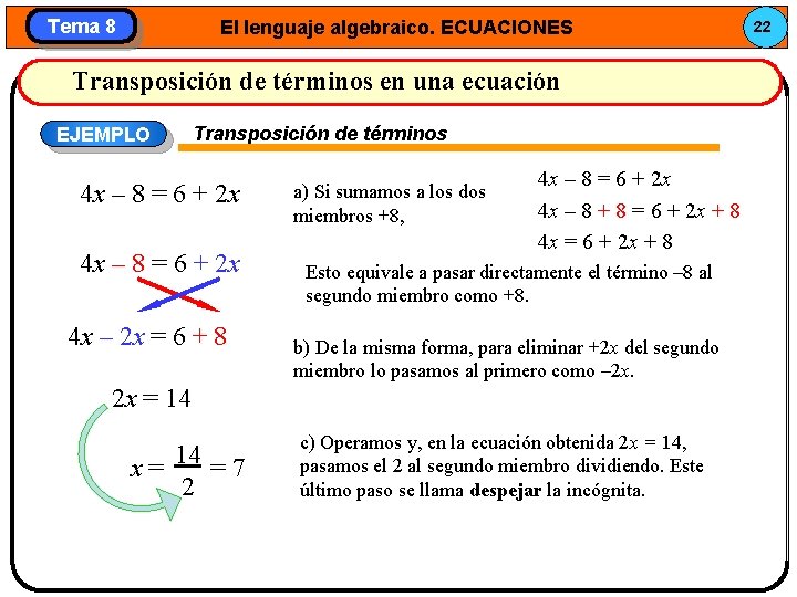 Tema 8 El lenguaje algebraico. ECUACIONES Transposición de términos en una ecuación EJEMPLO Transposición