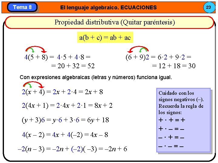 Tema 8 El lenguaje algebraico. ECUACIONES 23 Propiedad distributiva (Quitar paréntesis) a(b + c)