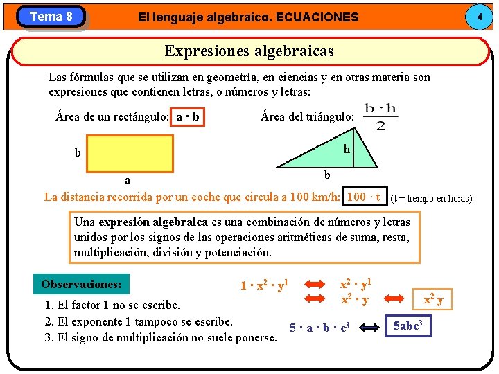 Tema 8 El lenguaje algebraico. ECUACIONES 4 Expresiones algebraicas Las fórmulas que se utilizan