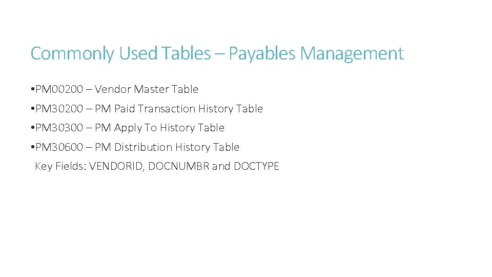 Commonly Used Tables – Payables Management • PM 00200 – Vendor Master Table •