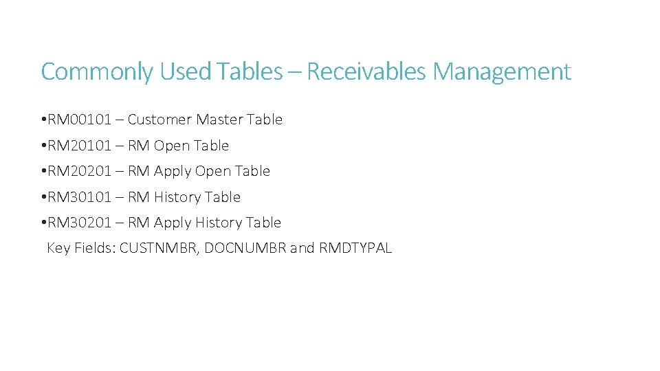 Commonly Used Tables – Receivables Management • RM 00101 – Customer Master Table •