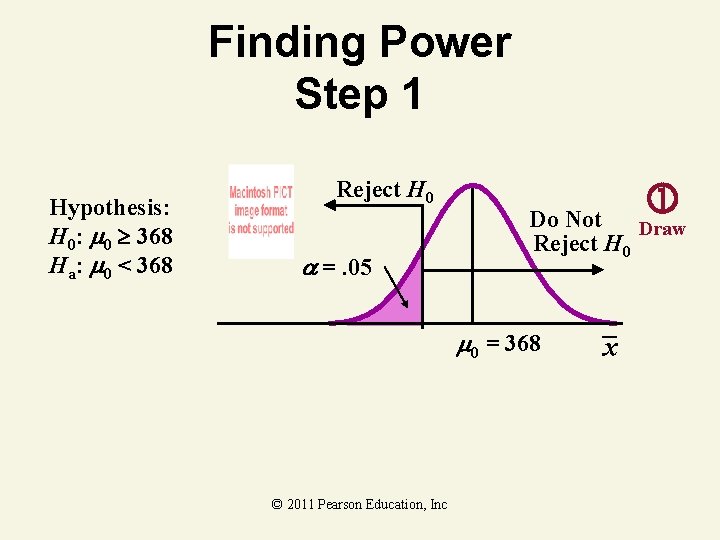 Finding Power Step 1 Hypothesis: H 0: 0 368 Ha: 0 < 368 Reject