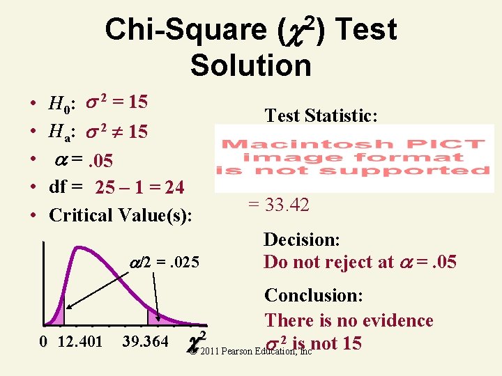 Chi-Square ( Test Solution 2) • • • H 0: 2 = 15 Ha: Chi-Square ( Test Solution 2) • • • H 0: 2 = 15 Ha: