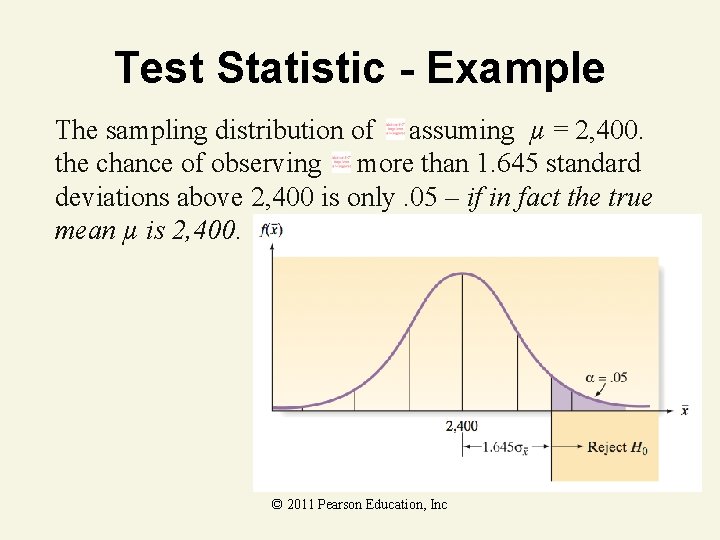 Test Statistic - Example The sampling distribution of assuming µ = 2, 400. the Test Statistic - Example The sampling distribution of assuming µ = 2, 400. the