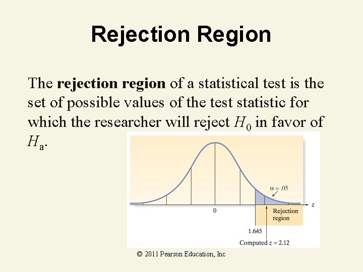 Rejection Region The rejection region of a statistical test is the set of possible