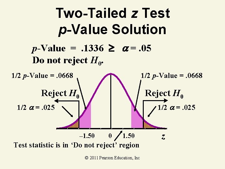 Two-Tailed z Test p-Value Solution p-Value =. 1336 =. 05 Do not reject H