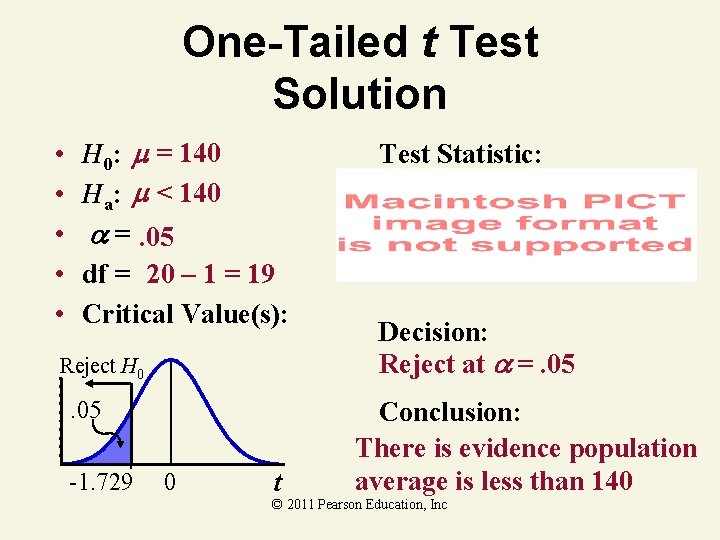 One-Tailed t Test Solution • • • H 0: = 140 Ha: < 140