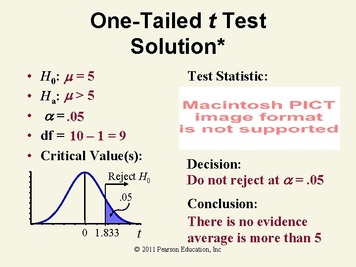 One-Tailed t Test Solution* • • • H 0: = 5 Ha: > 5