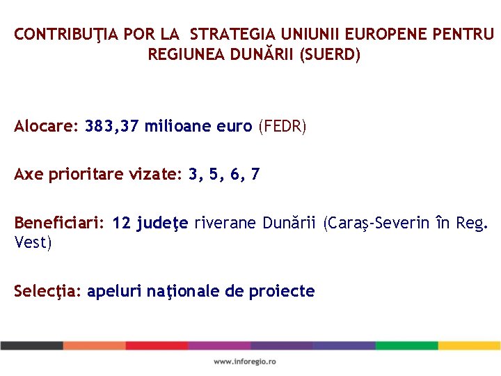 CONTRIBUŢIA POR LA STRATEGIA UNIUNII EUROPENE PENTRU REGIUNEA DUNĂRII (SUERD) Alocare: 383, 37 milioane