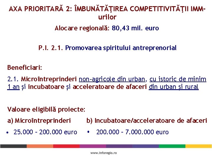 AXA PRIORITARĂ 2: ÎMBUNĂTĂŢIREA COMPETITIVITĂŢII IMMurilor Alocare regională: 80, 43 mil. euro P. I.